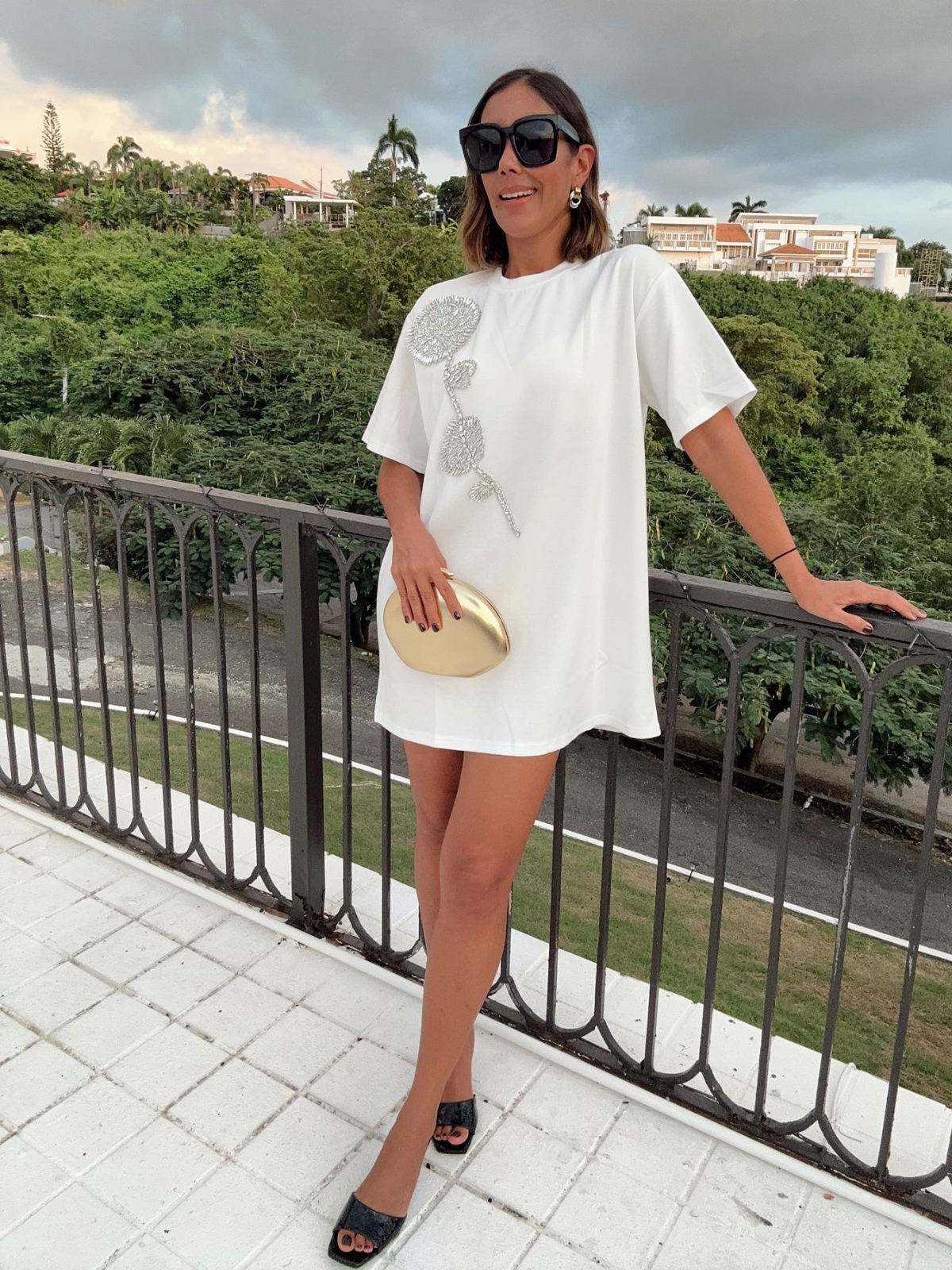 Rhinestone Beaded Flower Embellished T-Shirt Dress