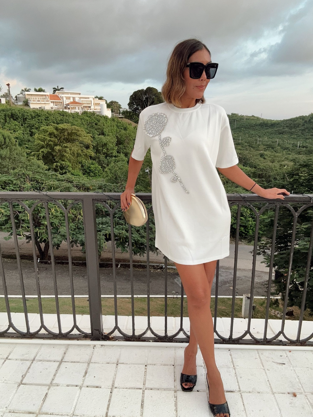 Rhinestone Beaded Flower Embellished T-Shirt Dress