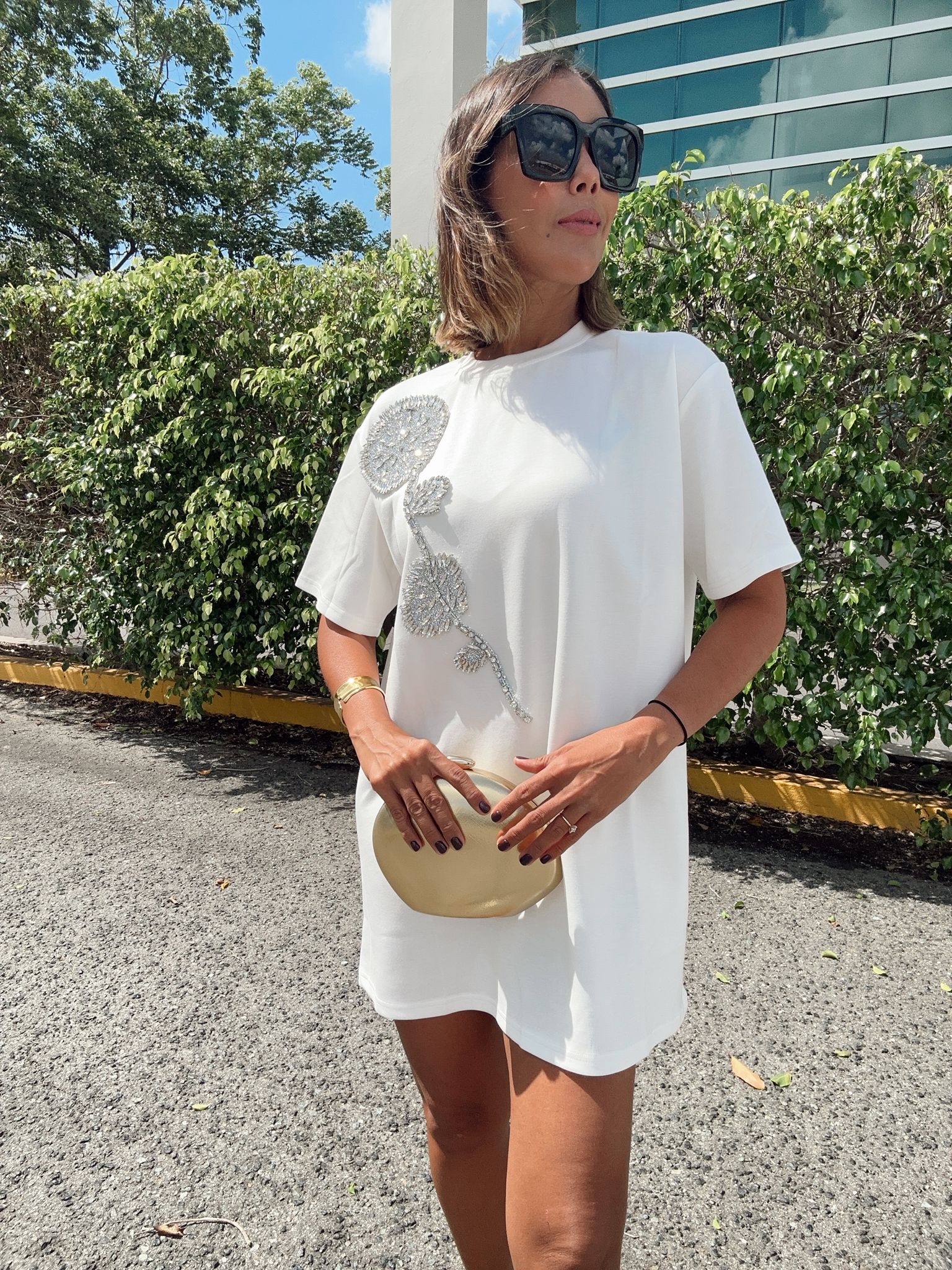 Rhinestone Beaded Flower Embellished T-Shirt Dress