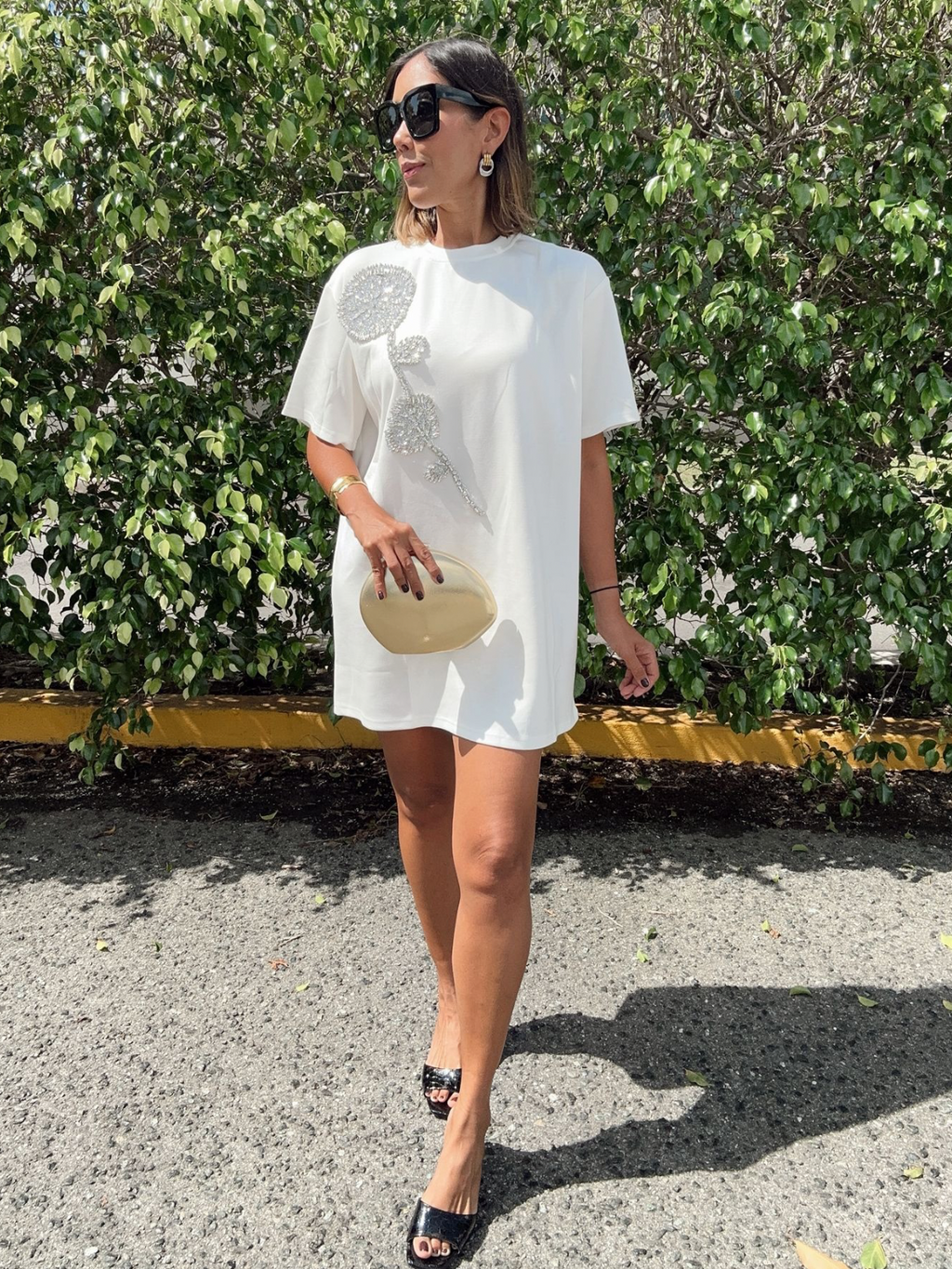 Rhinestone Beaded Flower Embellished T-Shirt Dress