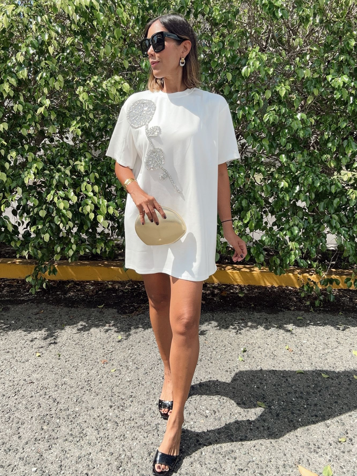 Rhinestone Beaded Flower Embellished T-Shirt Dress