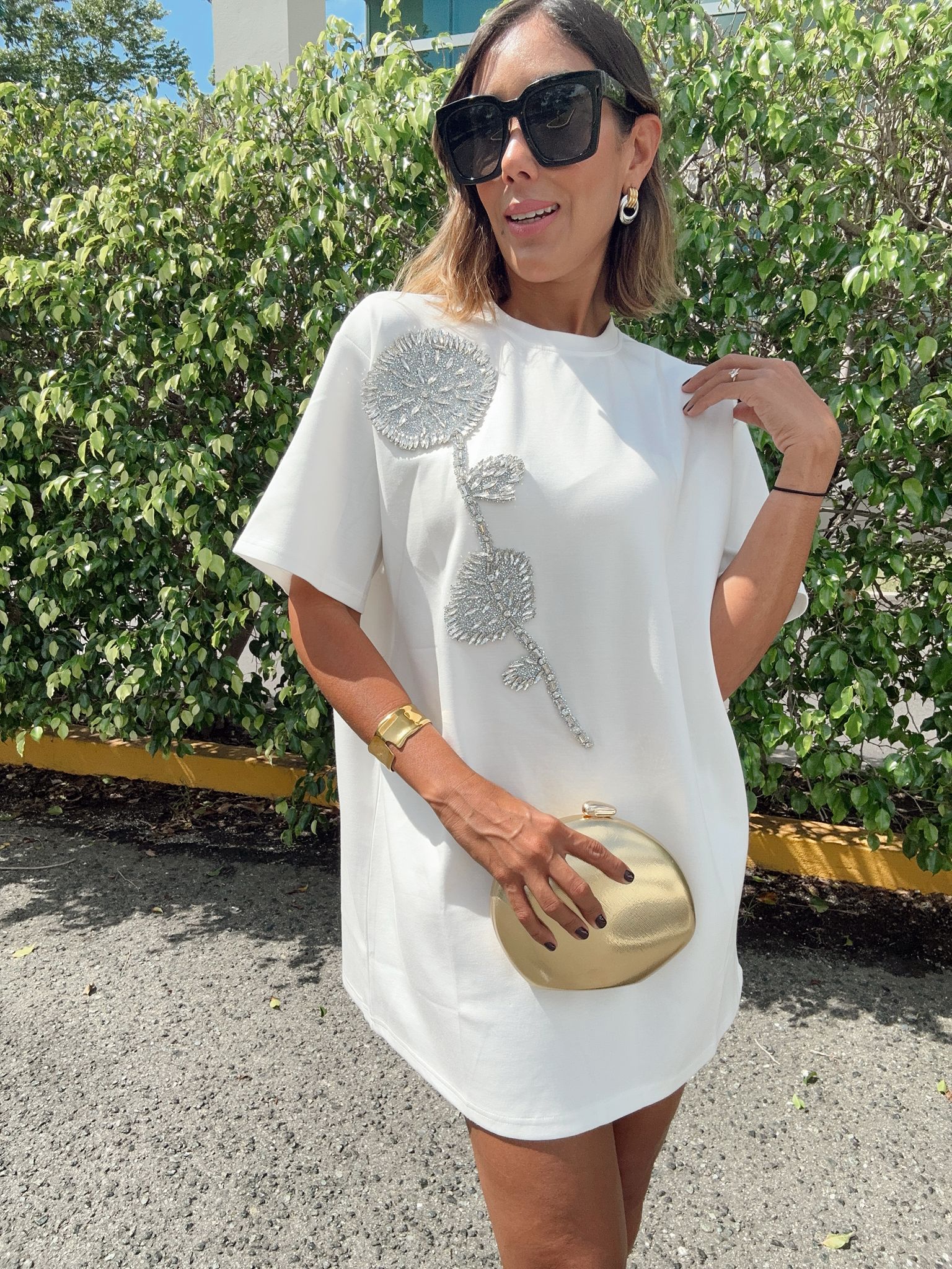 Rhinestone Beaded Flower Embellished T-Shirt Dress