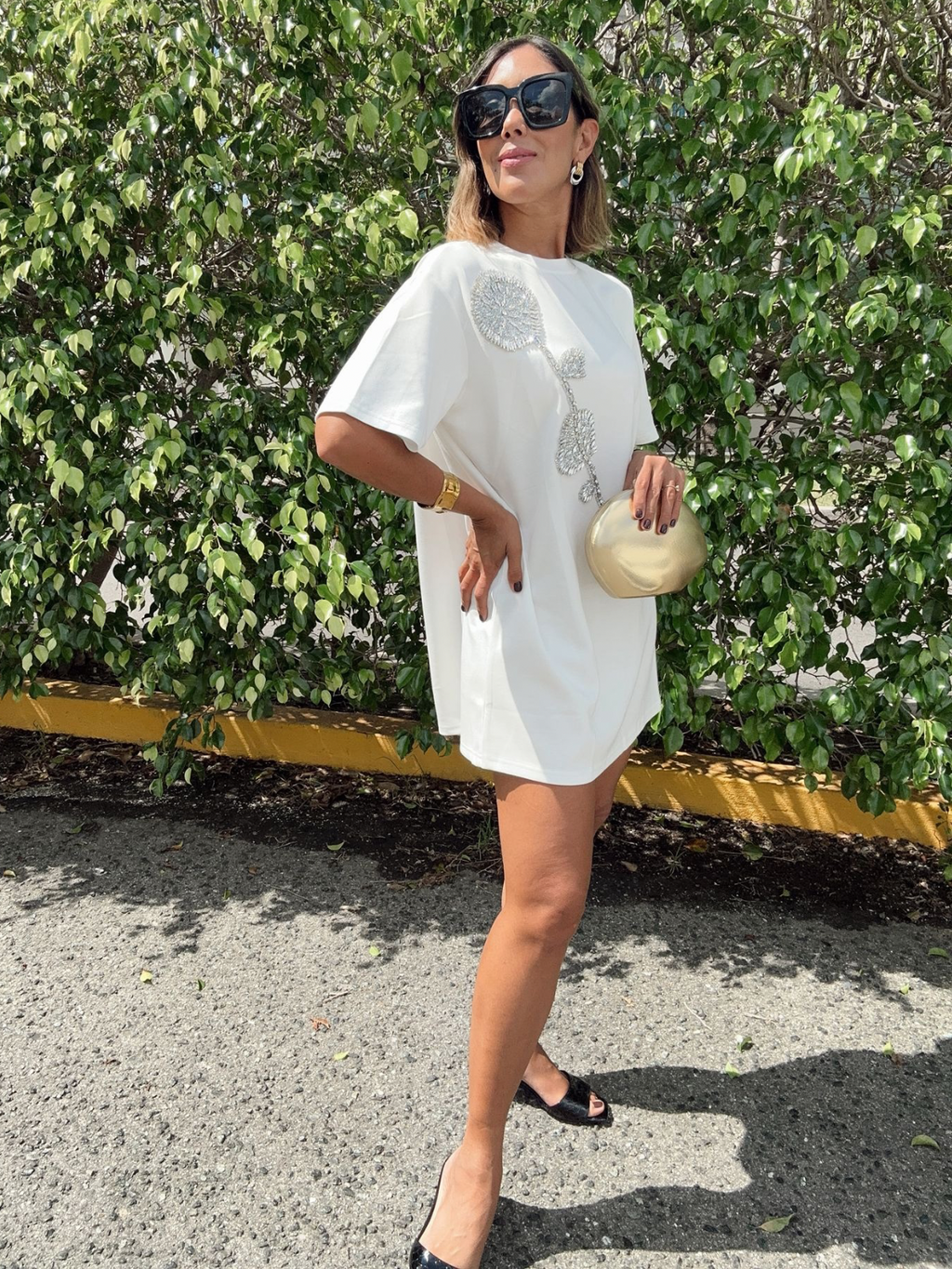 Rhinestone Beaded Flower Embellished T-Shirt Dress