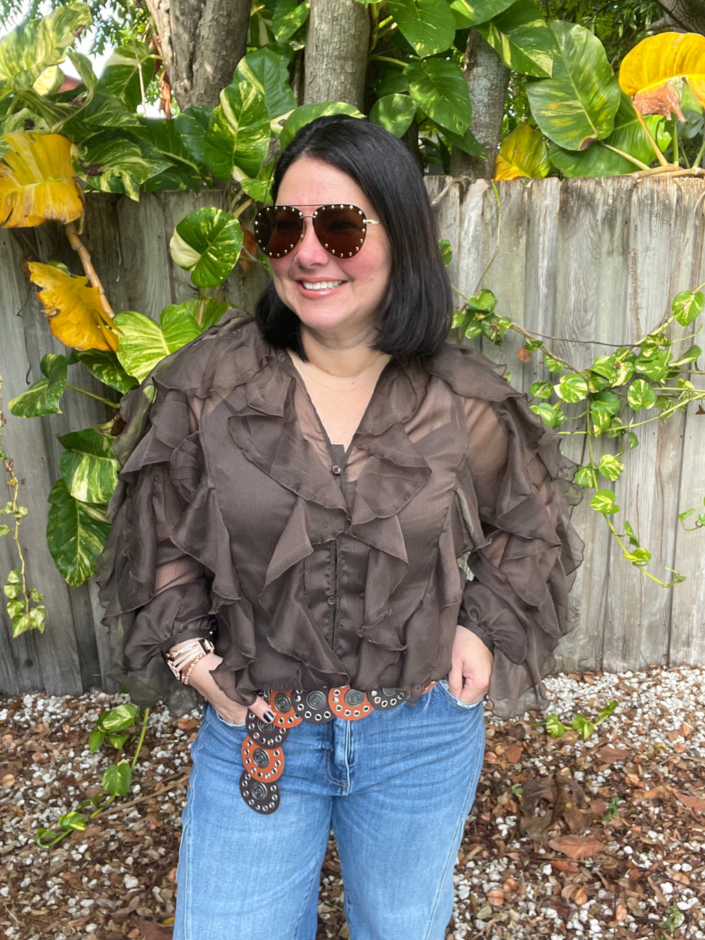 Aitana Layered Ruffle Sheer Chiffon Button-Up Blouse