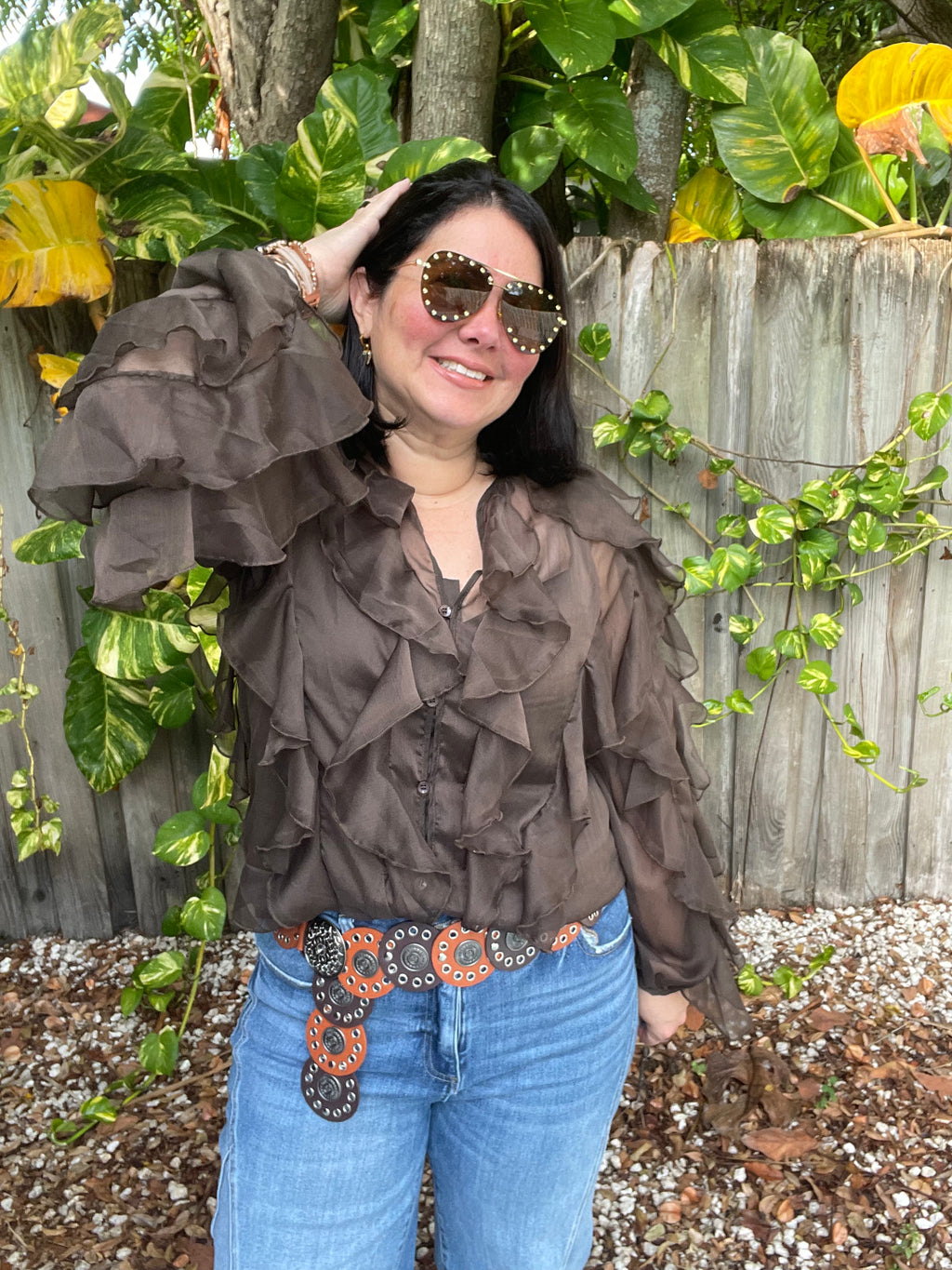 Aitana Layered Ruffle Sheer Chiffon Button-Up Blouse