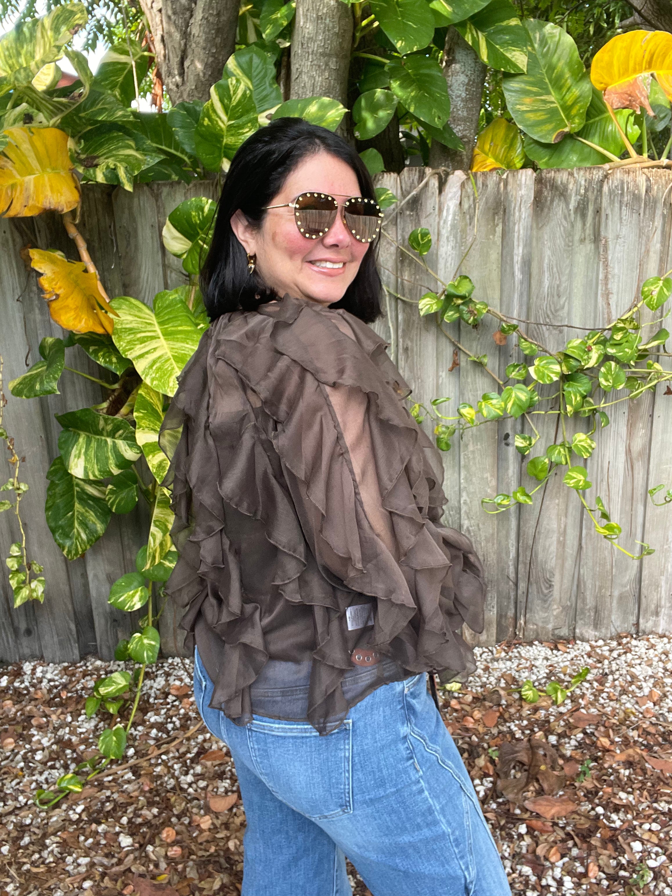 Aitana Layered Ruffle Sheer Chiffon Button-Up Blouse