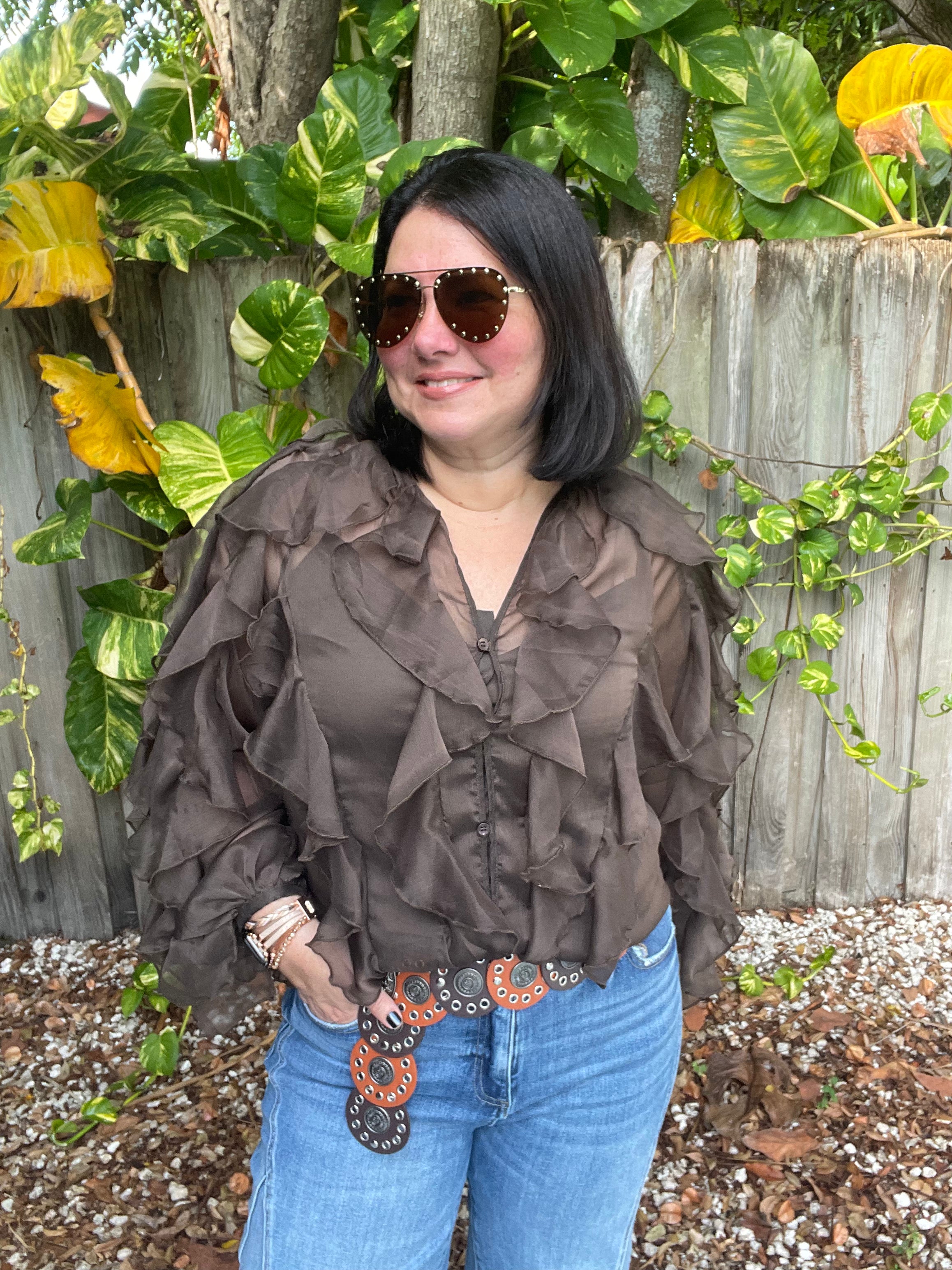 Aitana Layered Ruffle Sheer Chiffon Button-Up Blouse