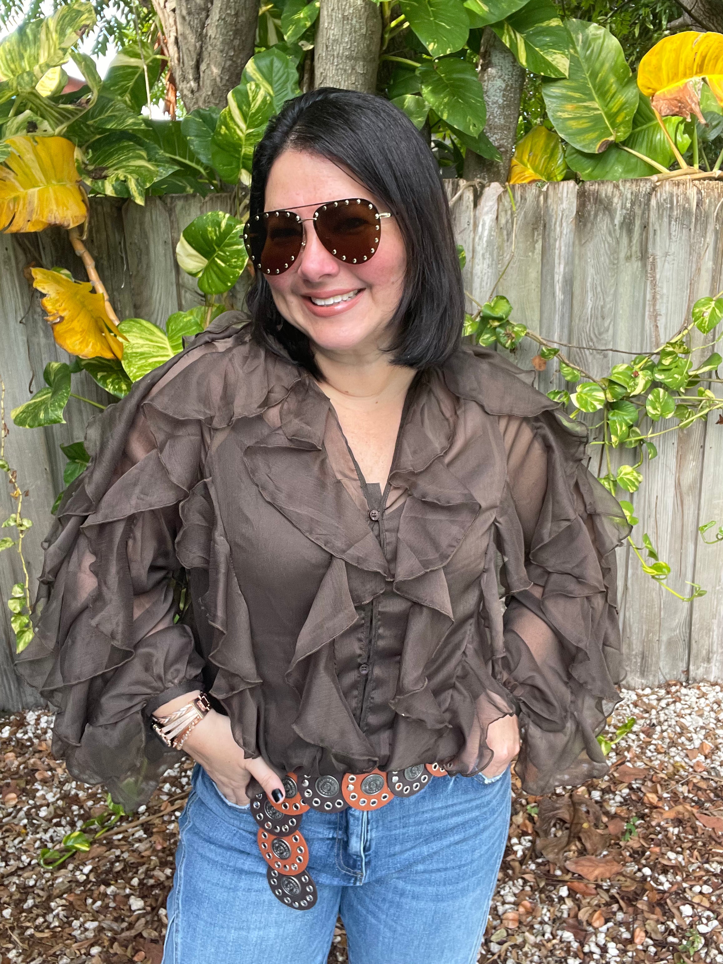 Aitana Layered Ruffle Sheer Chiffon Button-Up Blouse