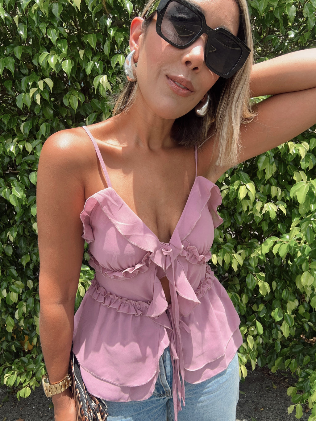 Ruffled Front-Tie Chiffon Camisole