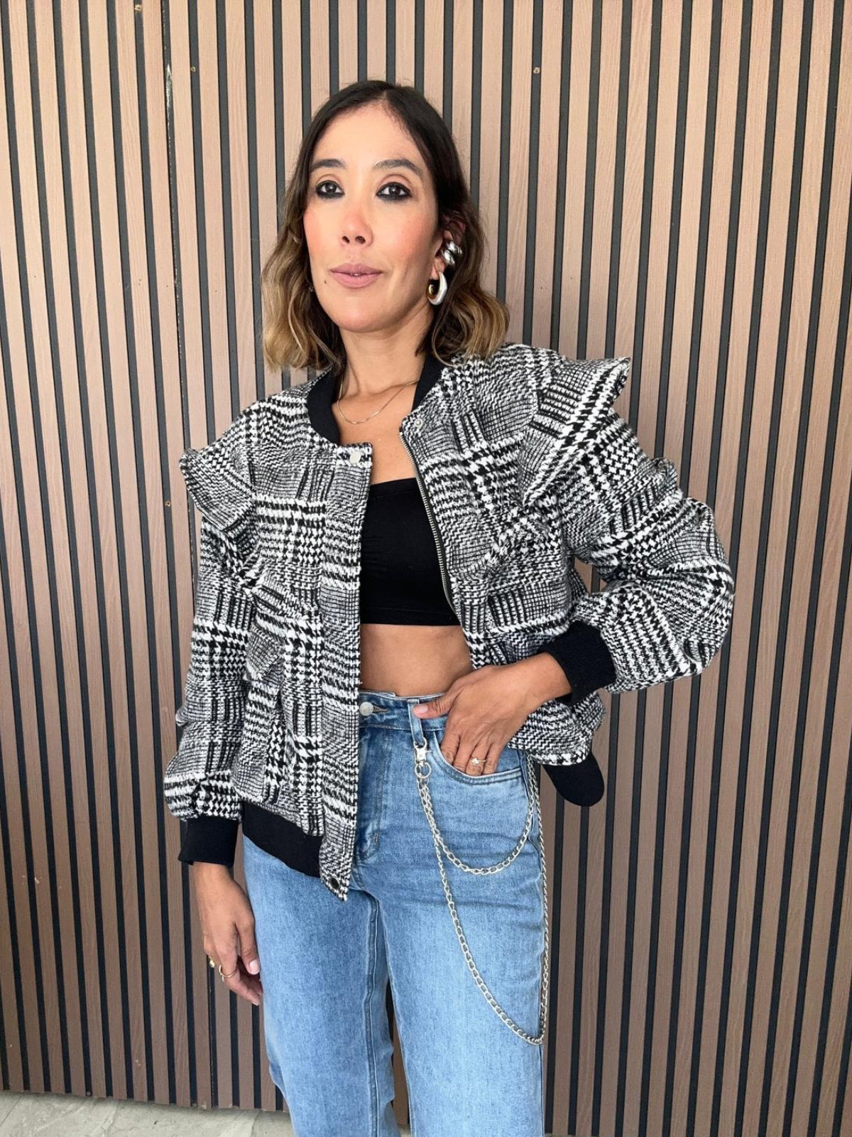 Plaid Ruffle Bomber Jacket