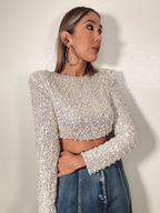 Sequin and Pearl Shoulder Pad Crop Top