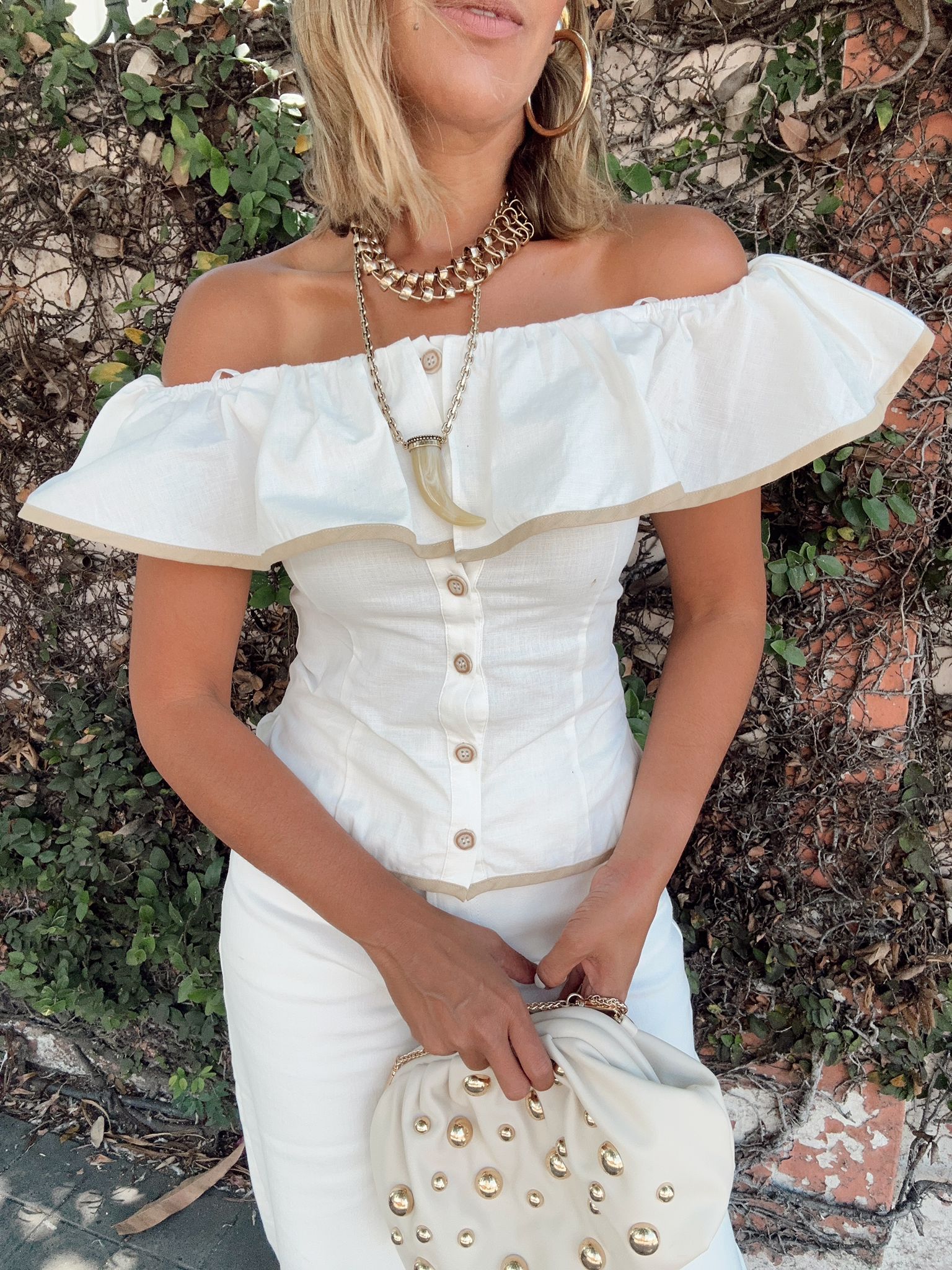 Perlage Ruffle Off Shoulder Top