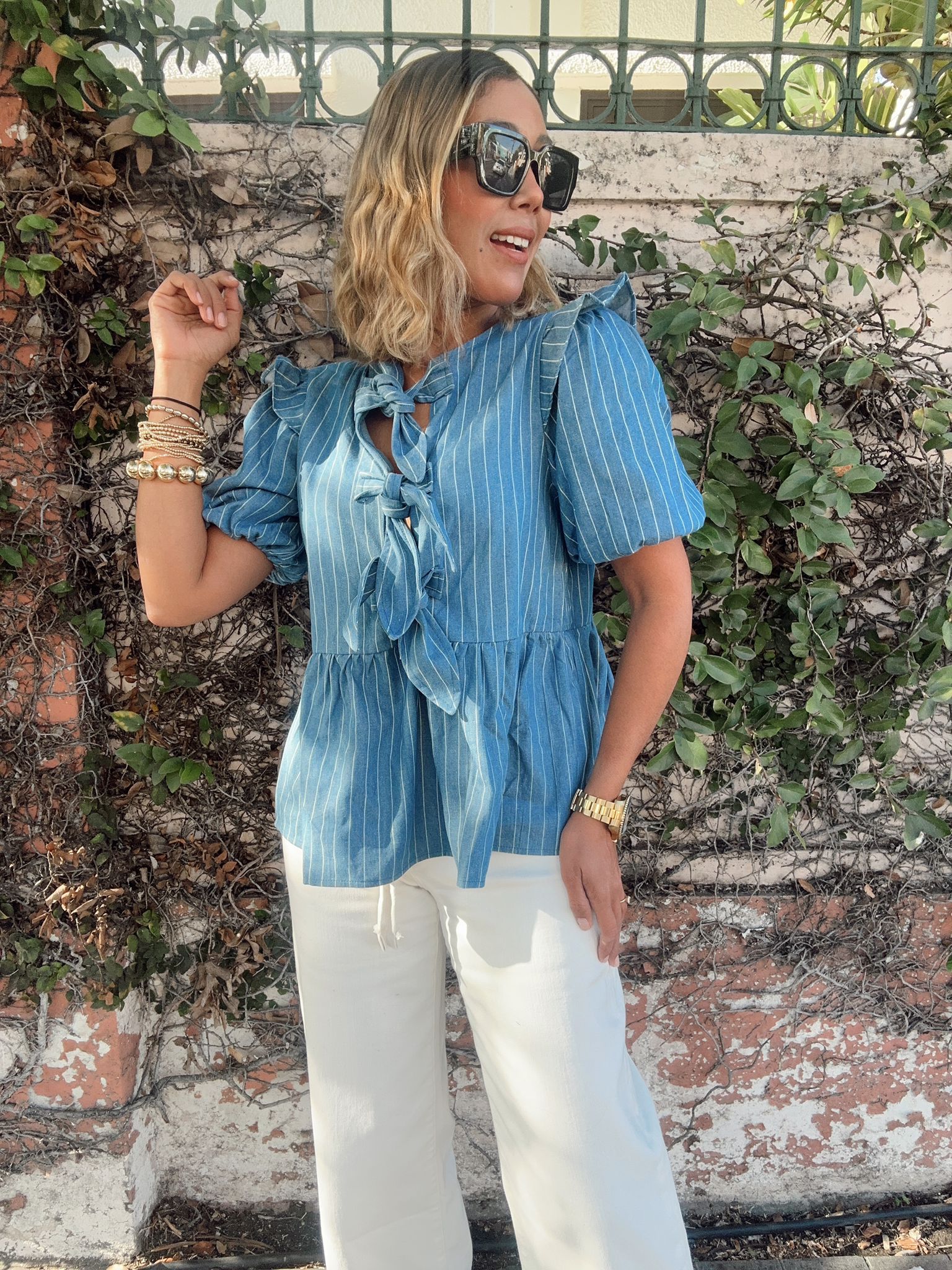 Stripe Front Bow Denim Peplum Blouse