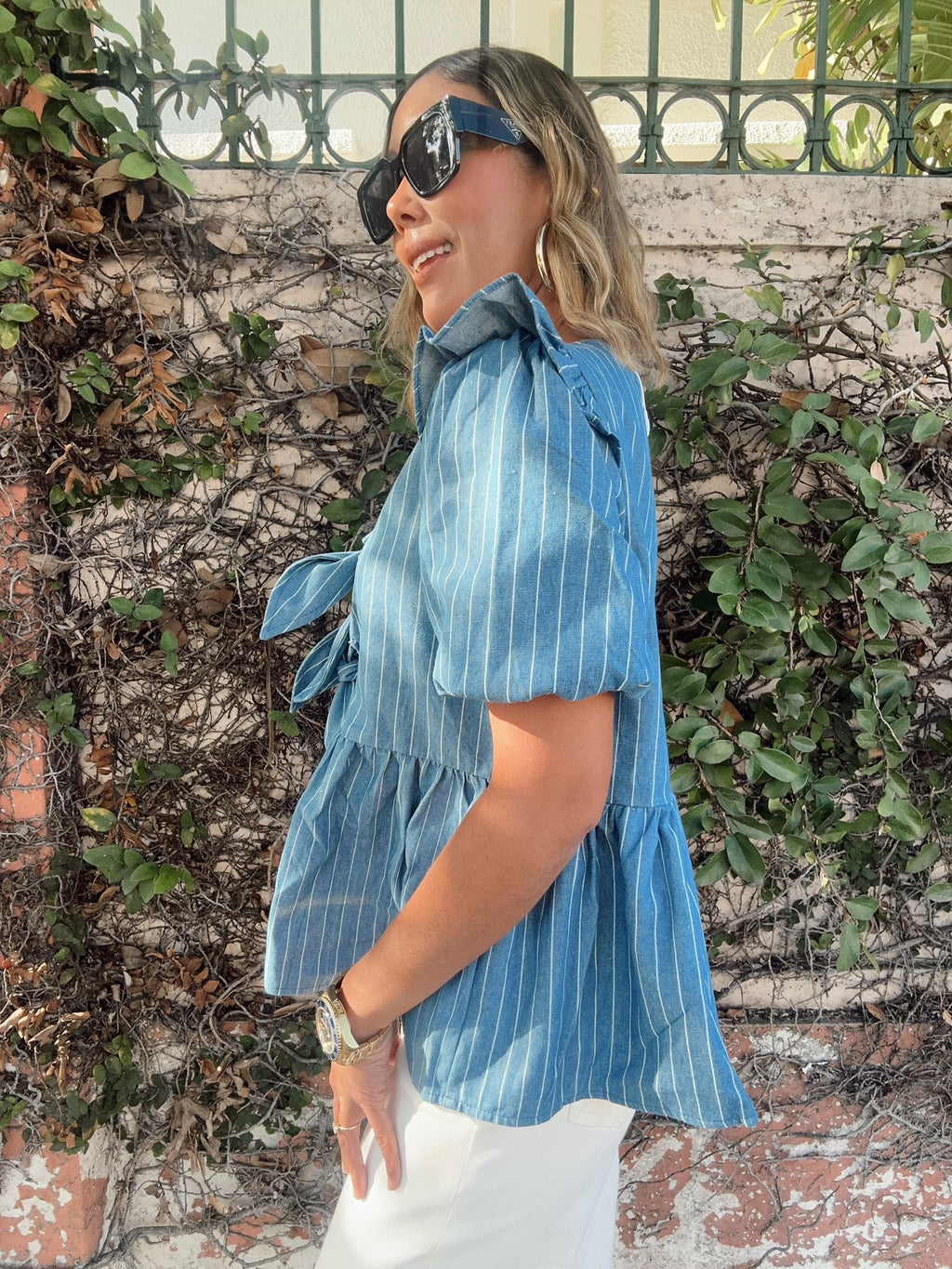 Stripe Front Bow Denim Peplum Blouse