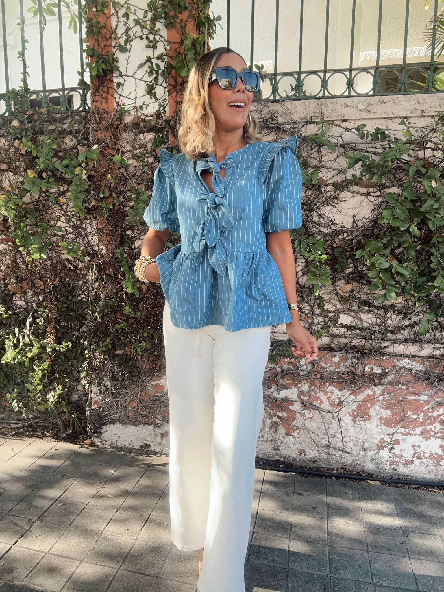 Stripe Front Bow Denim Peplum Blouse