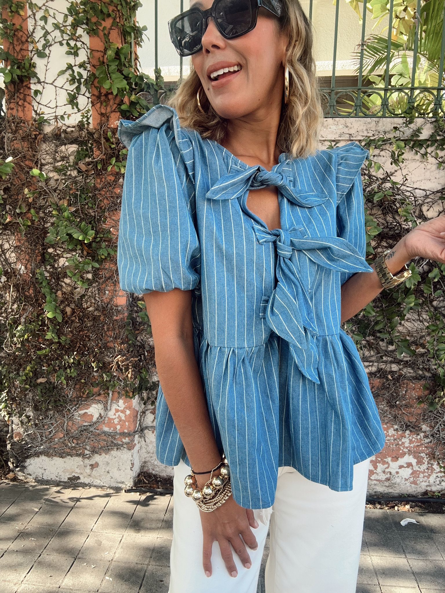 Stripe Front Bow Denim Peplum Blouse