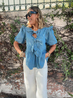 Stripe Front Bow Denim Peplum Blouse