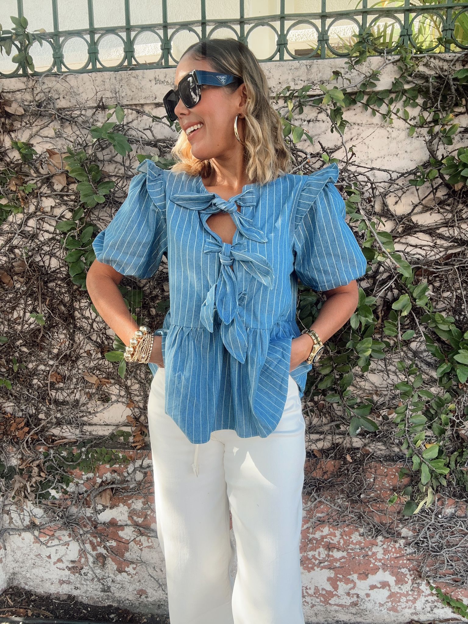 Stripe Front Bow Denim Peplum Blouse