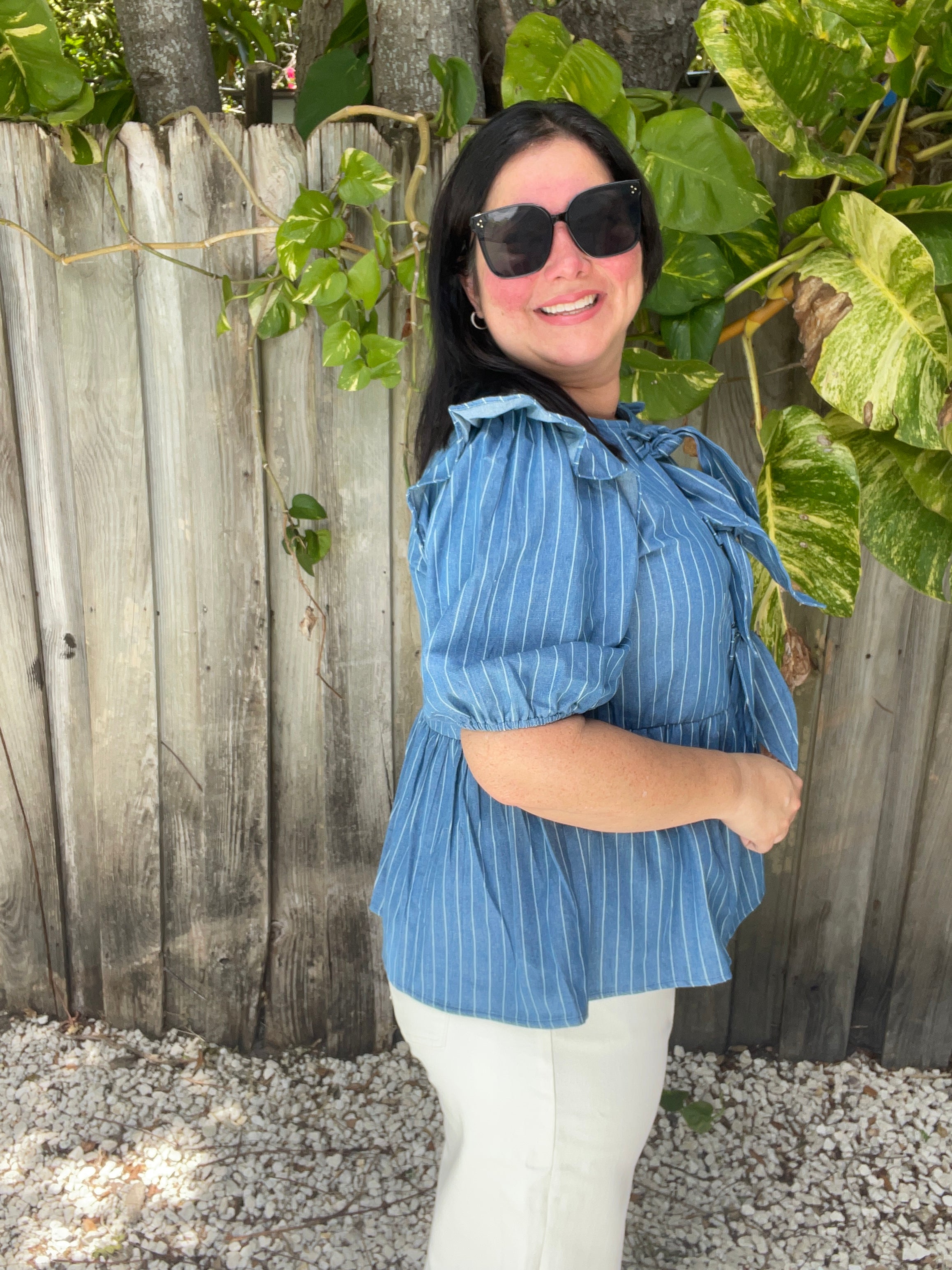 Stripe Front Bow Denim Peplum Blouse