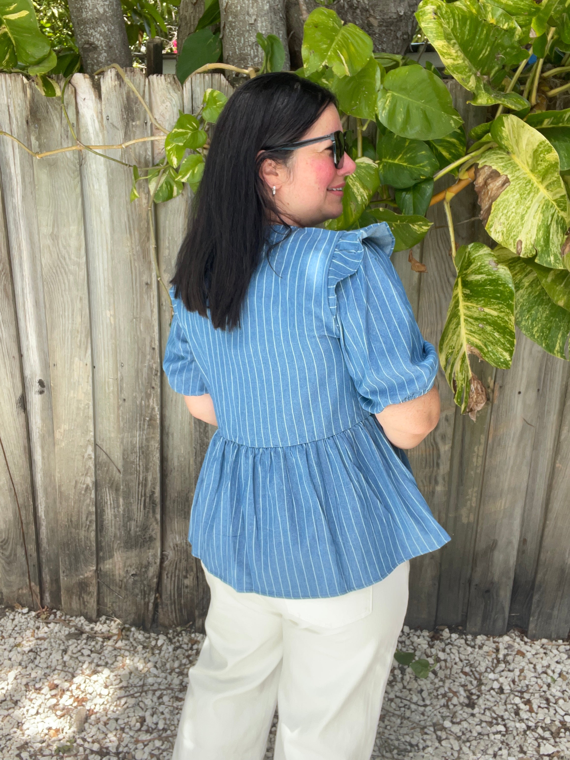 Stripe Front Bow Denim Peplum Blouse