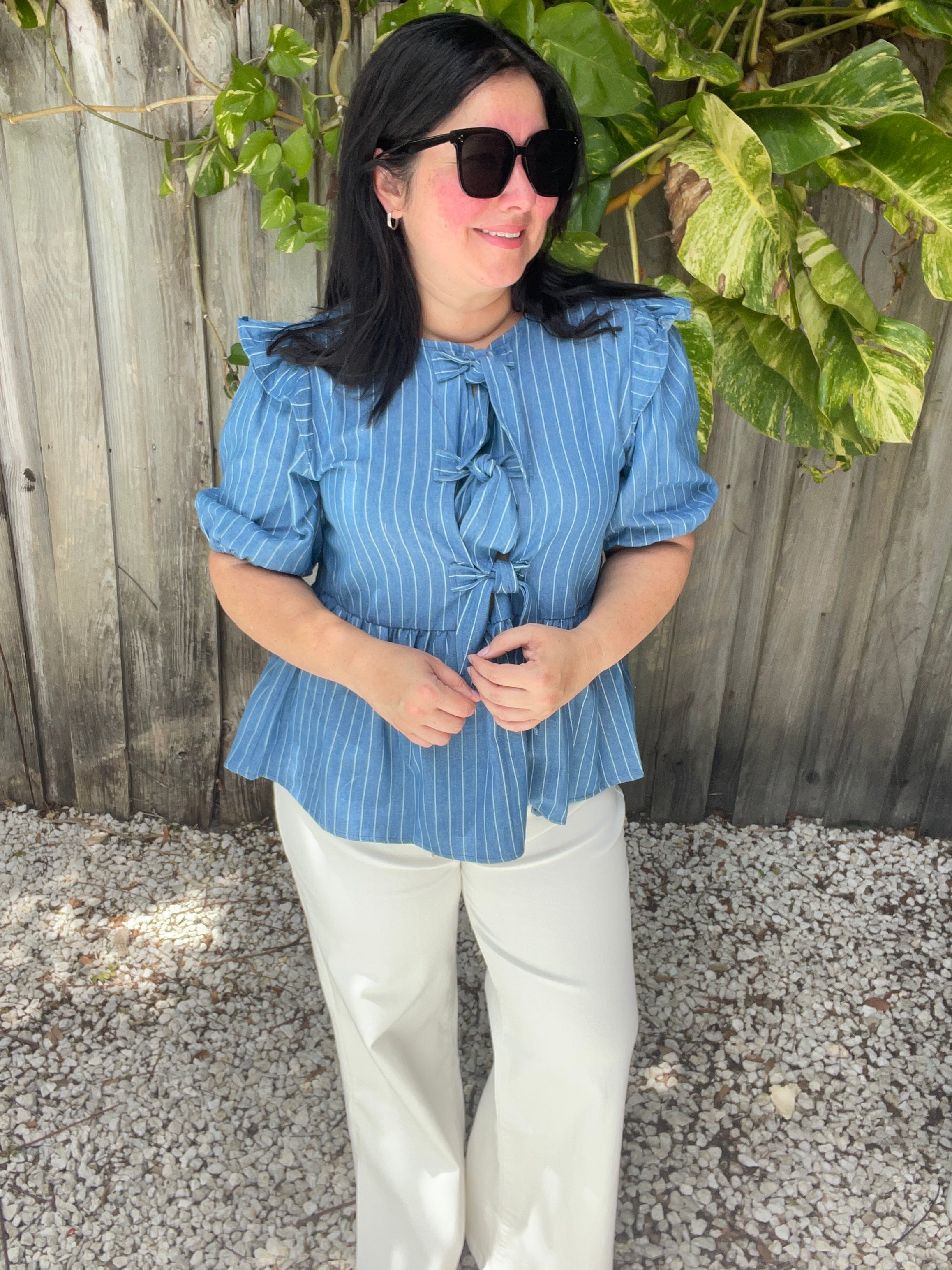 Stripe Front Bow Denim Peplum Blouse