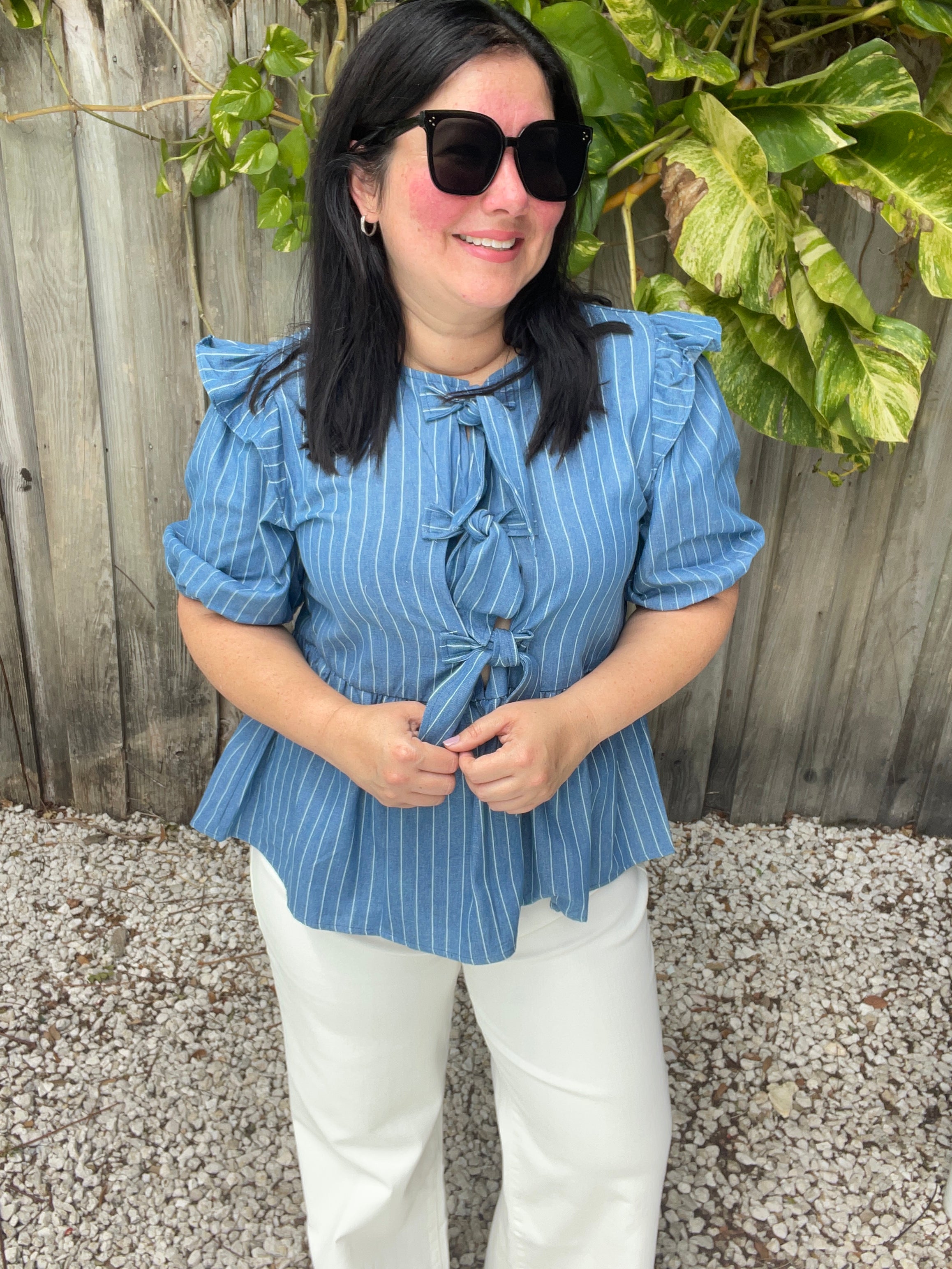 Stripe Front Bow Denim Peplum Blouse