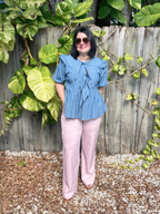 Stripe Front Bow Denim Peplum Blouse