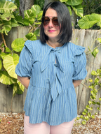 Stripe Front Bow Denim Peplum Blouse
