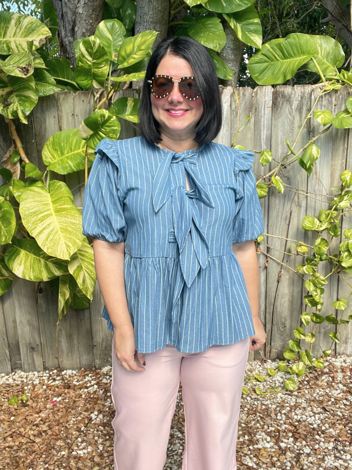 Stripe Front Bow Denim Peplum Blouse