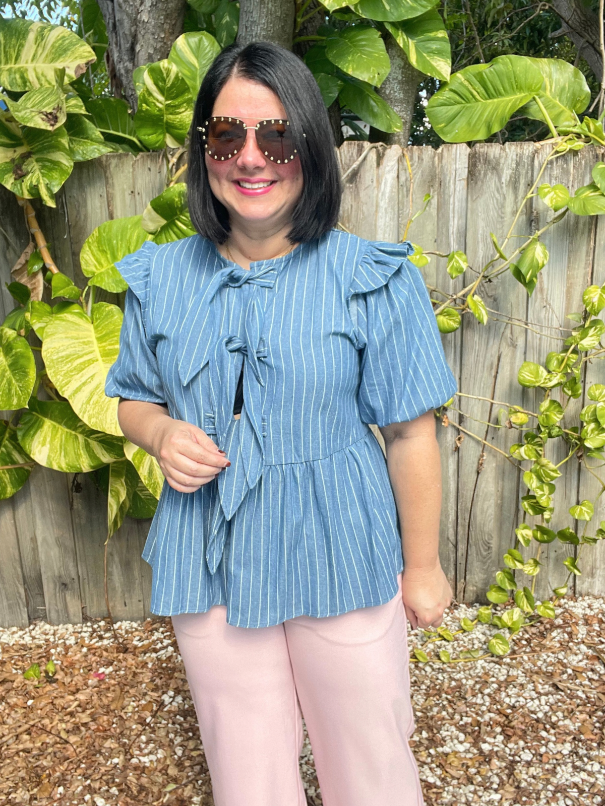 Stripe Front Bow Denim Peplum Blouse