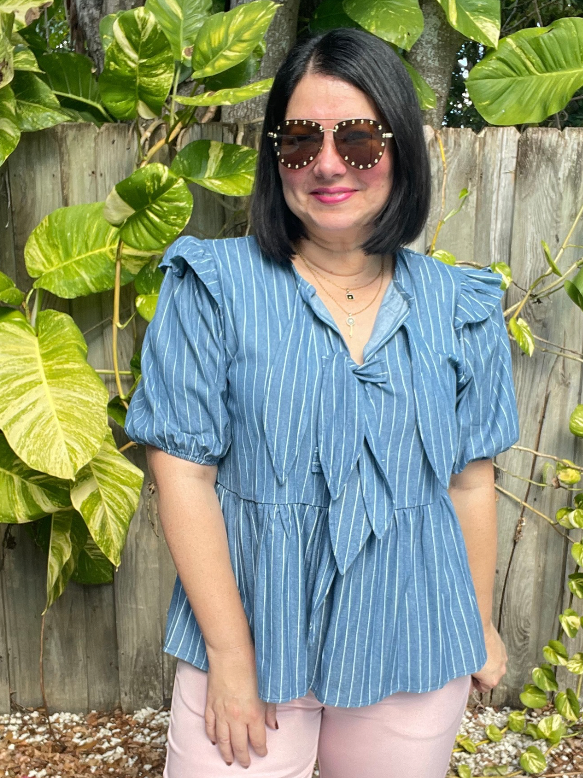 Stripe Front Bow Denim Peplum Blouse