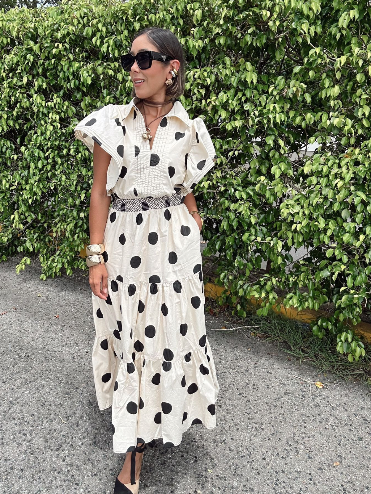 The Emilia Top Stitch Polka Dot Midi Dress