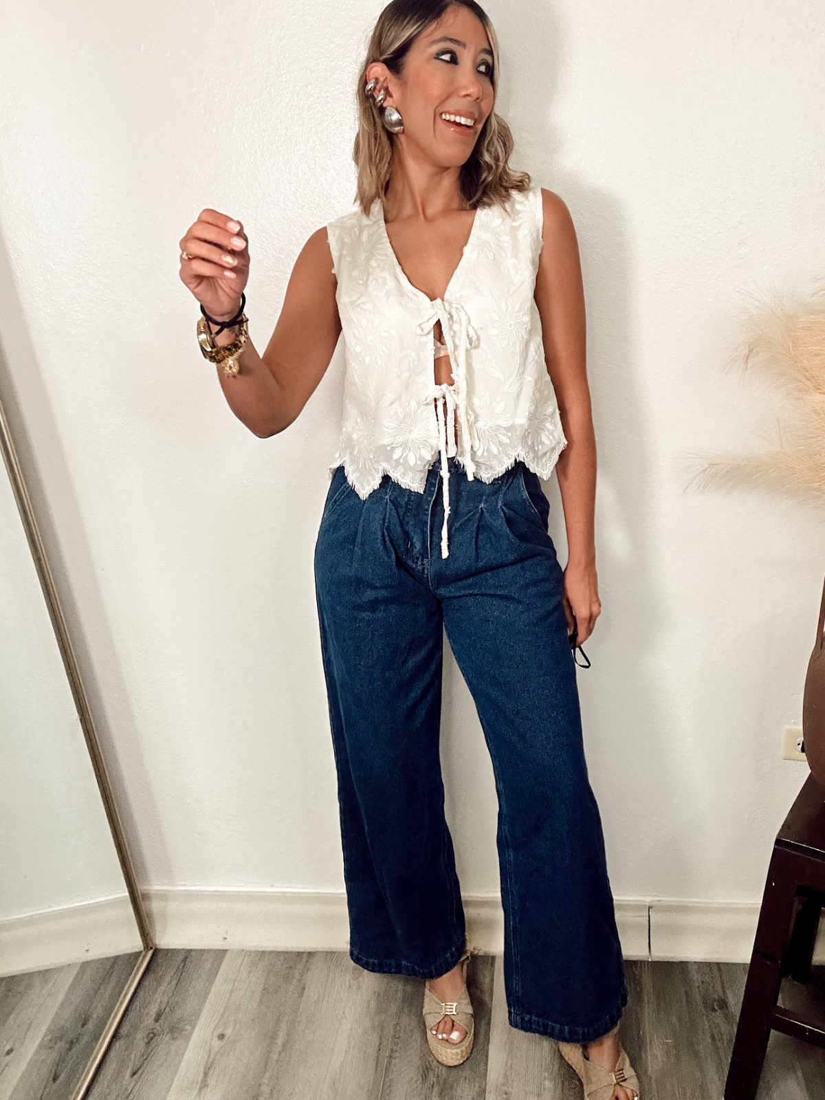 High Waisted Boot Cut Front Pleated Denim Jeans