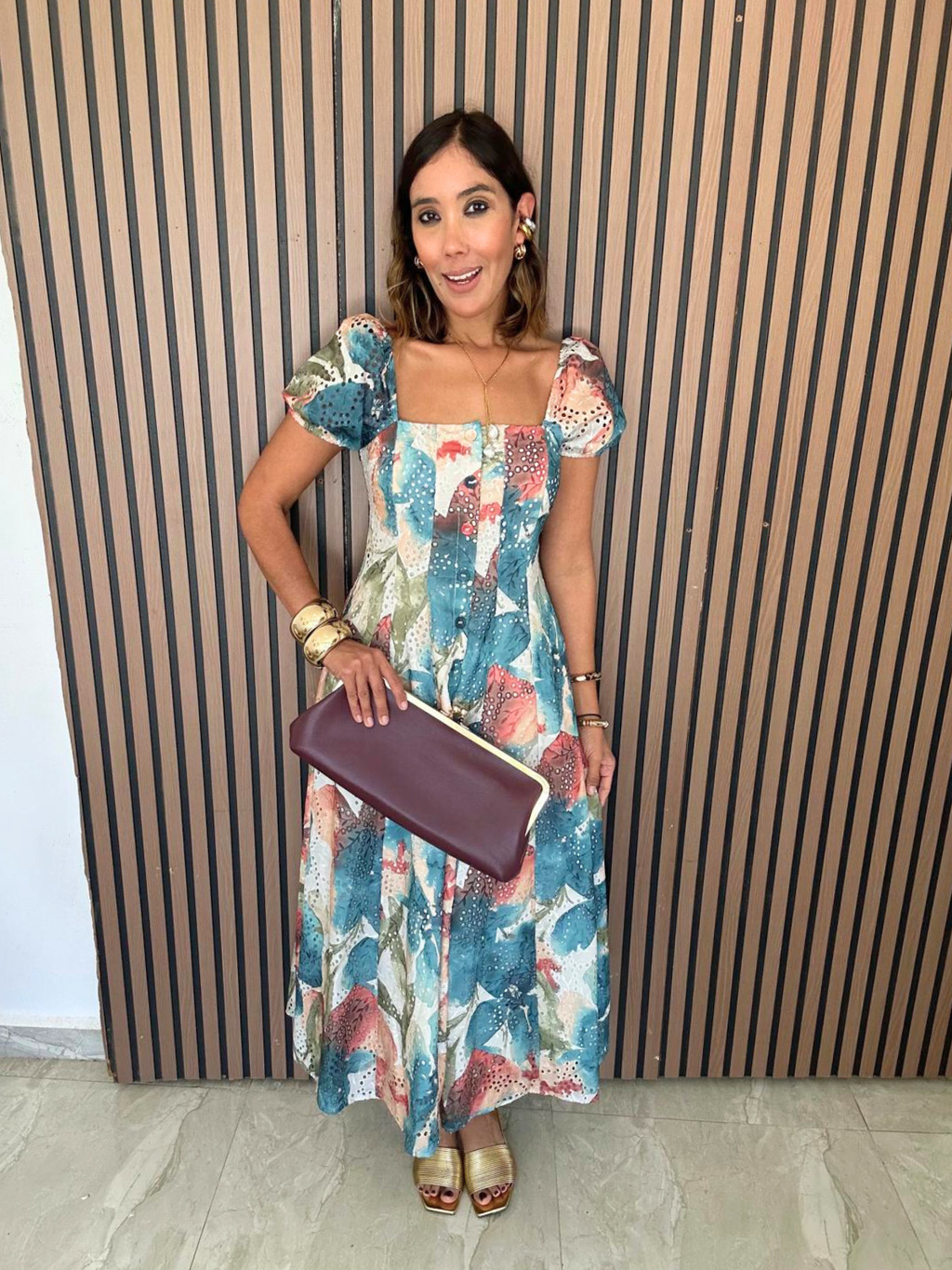 Sunset Whispers Square Neck Puff Sleeve Midi Dress