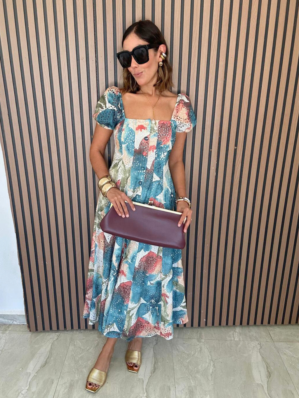 Sunset Whispers Square Neck Puff Sleeve Midi Dress