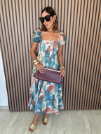 Sunset Whispers Square Neck Puff Sleeve Midi Dress