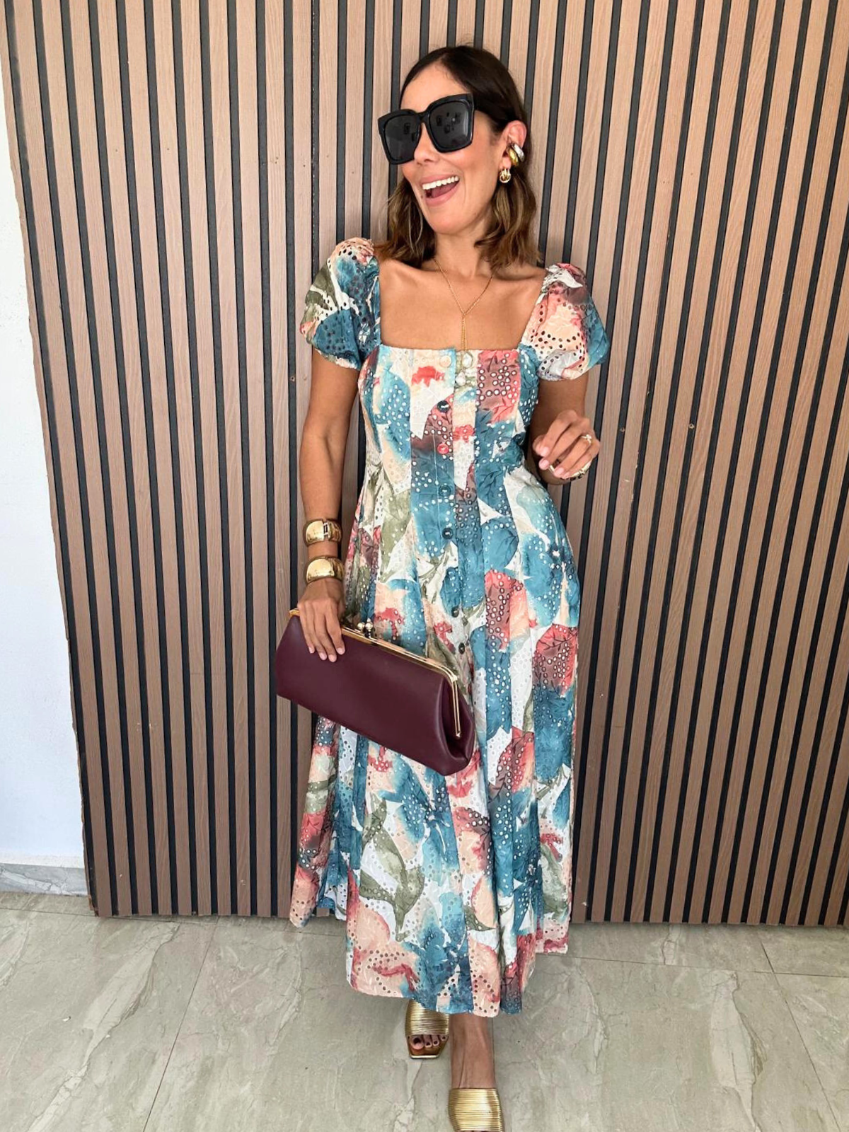 Sunset Whispers Square Neck Puff Sleeve Midi Dress