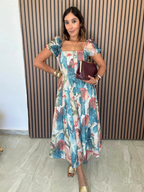 Sunset Whispers Square Neck Puff Sleeve Midi Dress