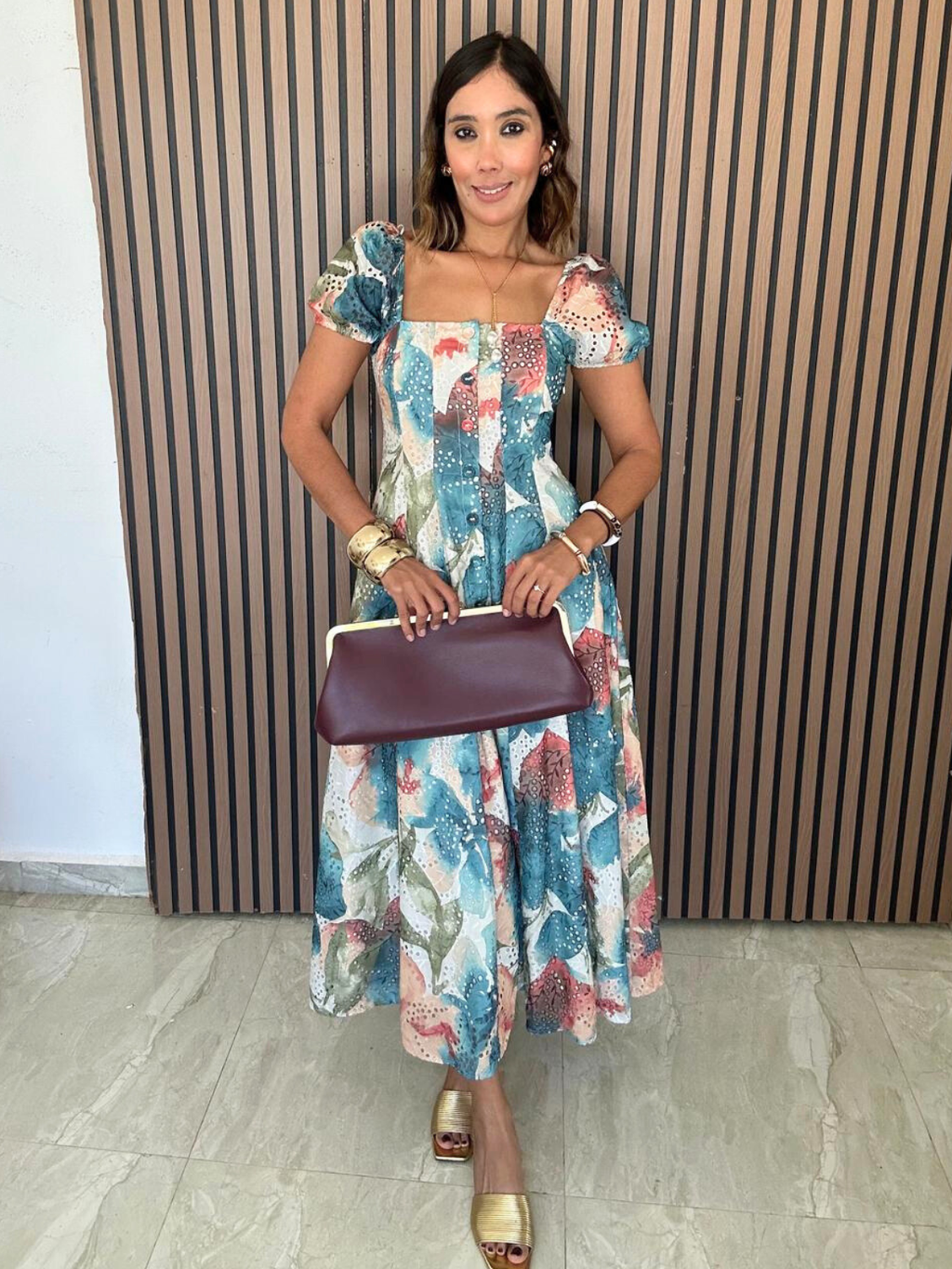 Sunset Whispers Square Neck Puff Sleeve Midi Dress