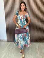 Sunset Whispers Square Neck Puff Sleeve Midi Dress