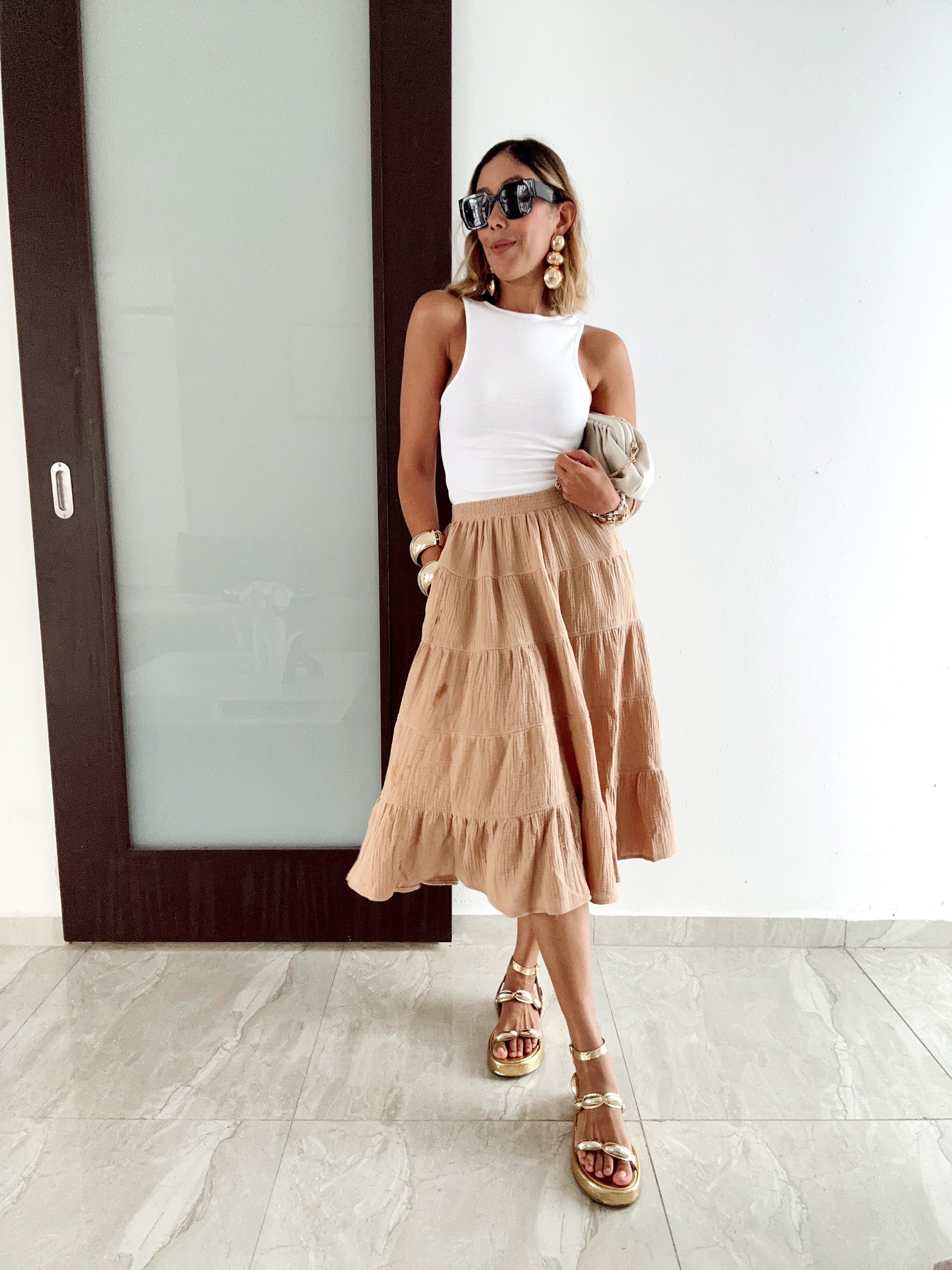 Boho Charm Double Gauze High Waist Tiered Midi Skirt