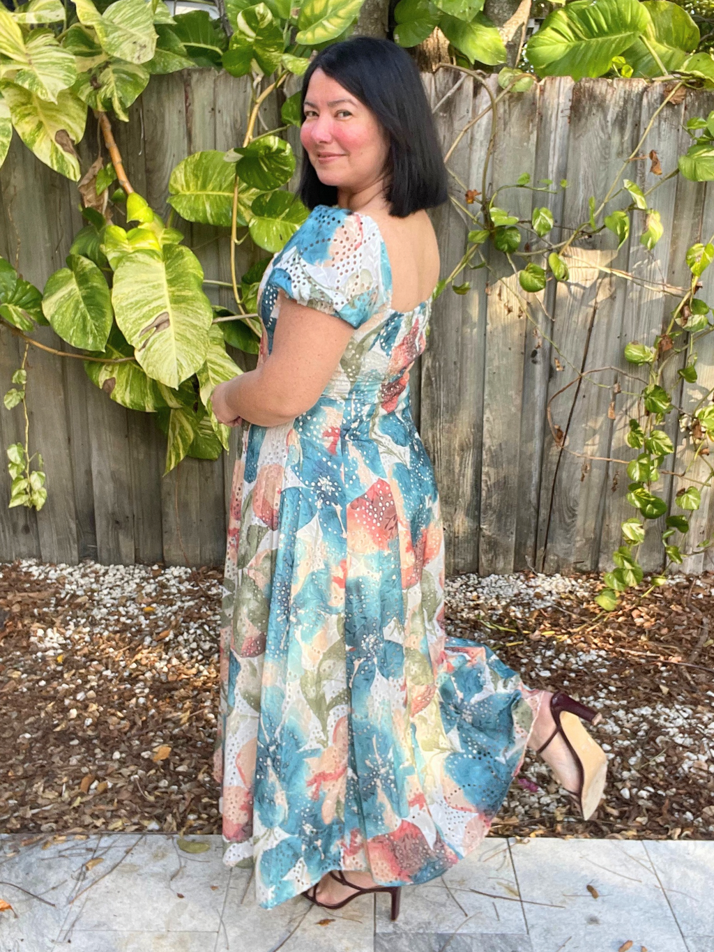 Sunset Whispers Square Neck Puff Sleeve Midi Dress