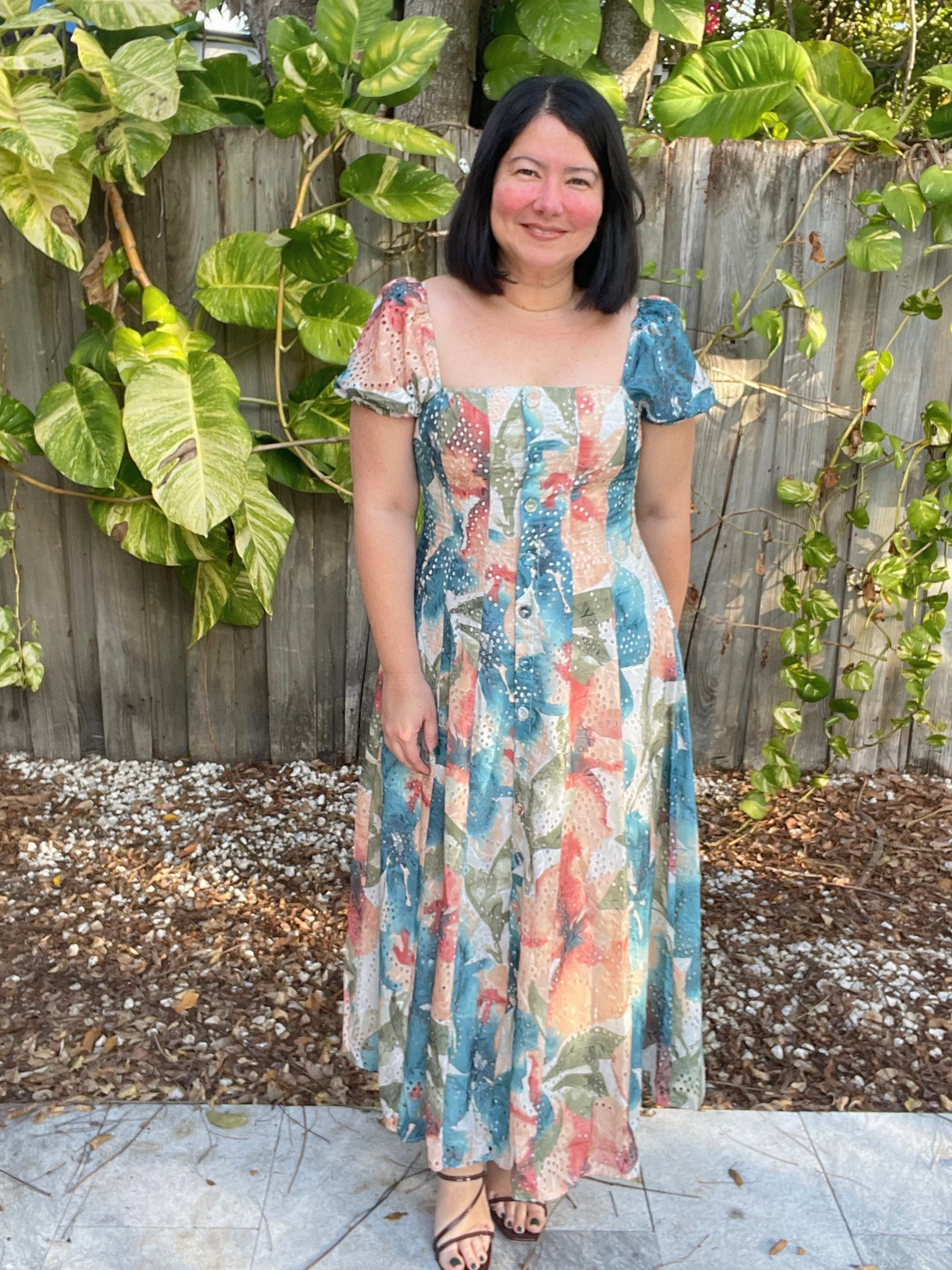 Sunset Whispers Square Neck Puff Sleeve Midi Dress