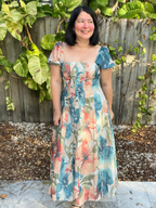 Sunset Whispers Square Neck Puff Sleeve Midi Dress