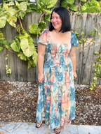 Sunset Whispers Square Neck Puff Sleeve Midi Dress
