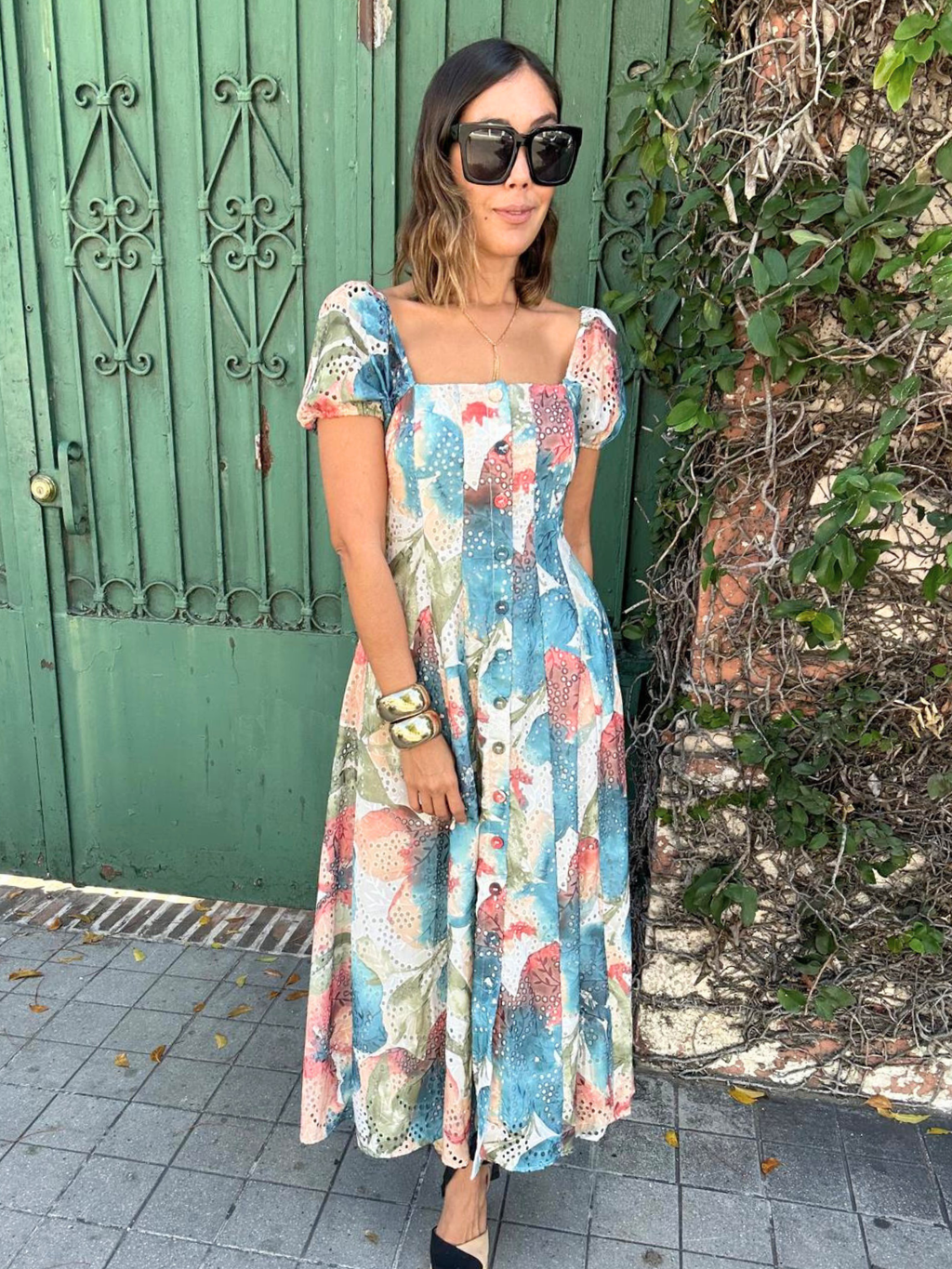 Sunset Whispers Square Neck Puff Sleeve Midi Dress