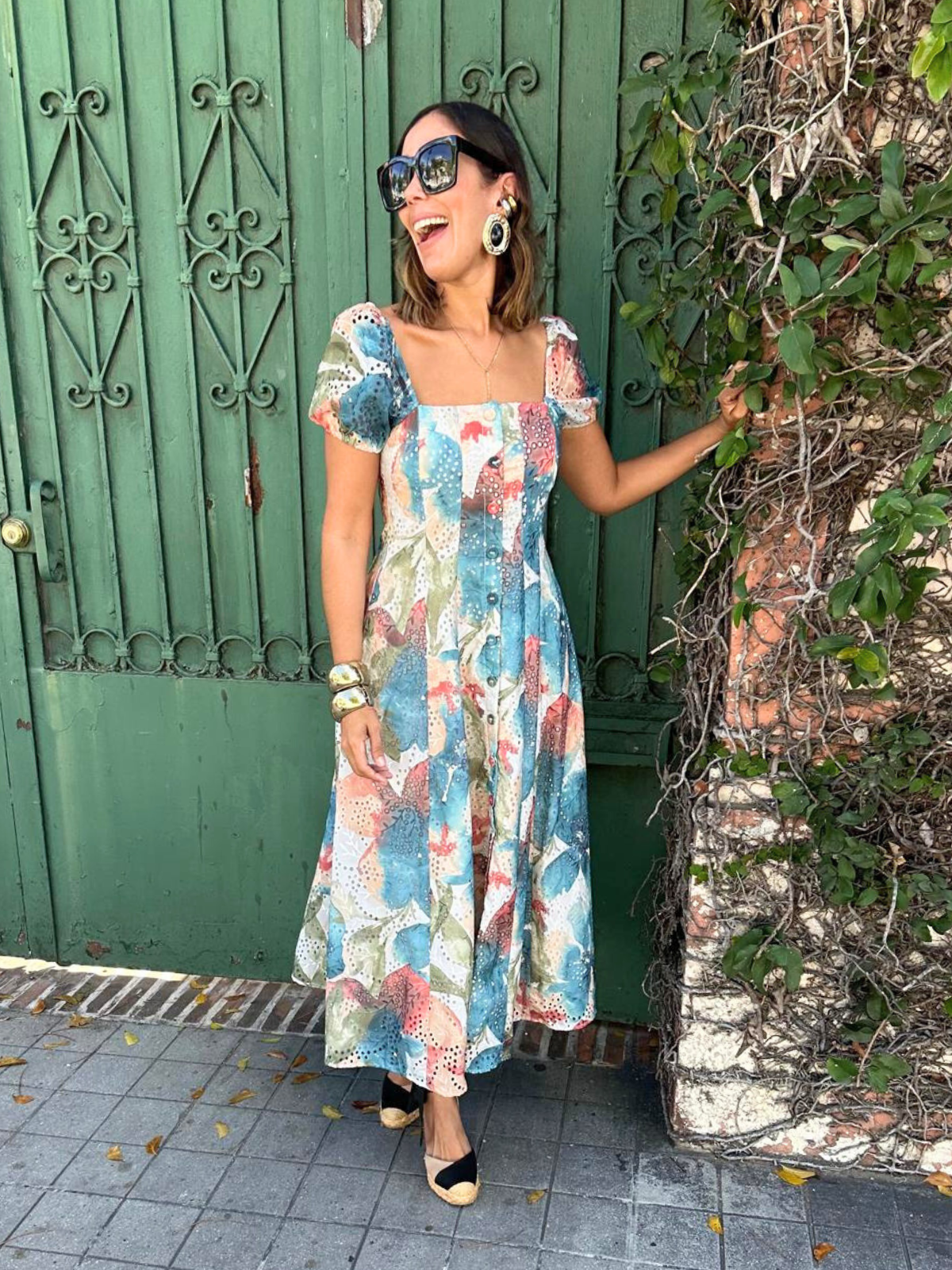 Sunset Whispers Square Neck Puff Sleeve Midi Dress