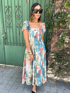 Sunset Whispers Square Neck Puff Sleeve Midi Dress