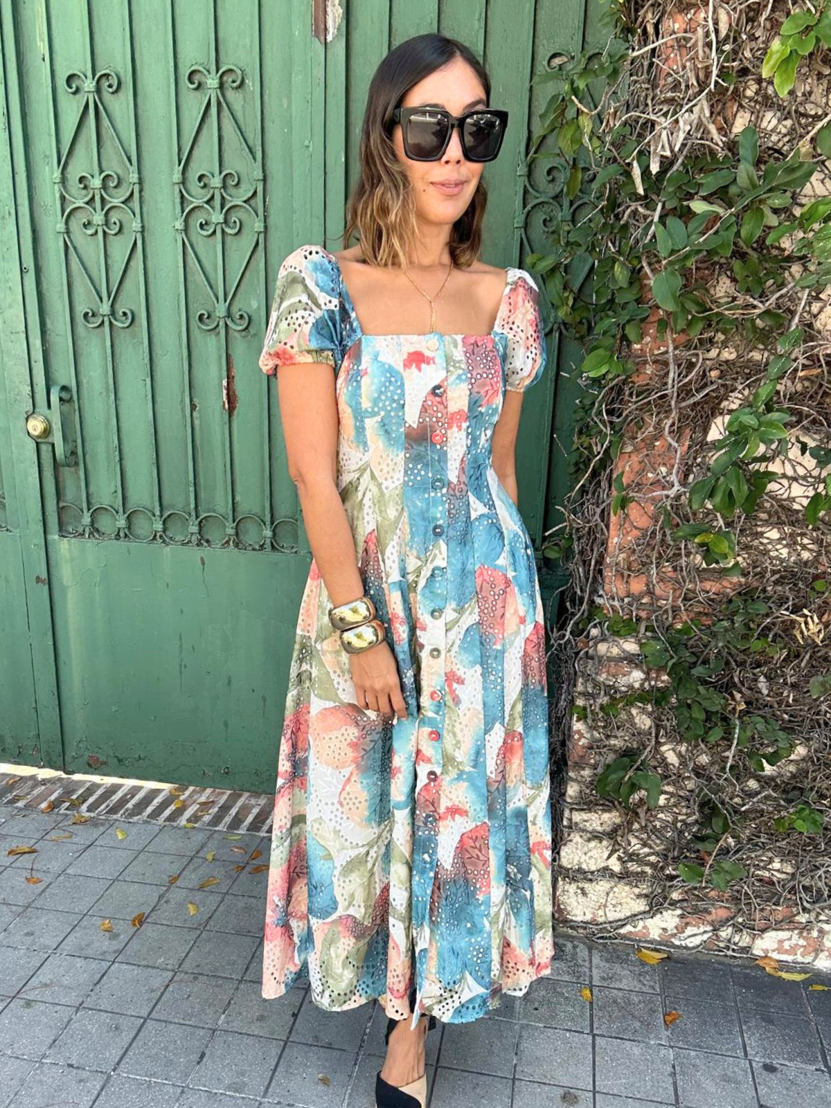 Sunset Whispers Square Neck Puff Sleeve Midi Dress