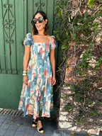Sunset Whispers Square Neck Puff Sleeve Midi Dress